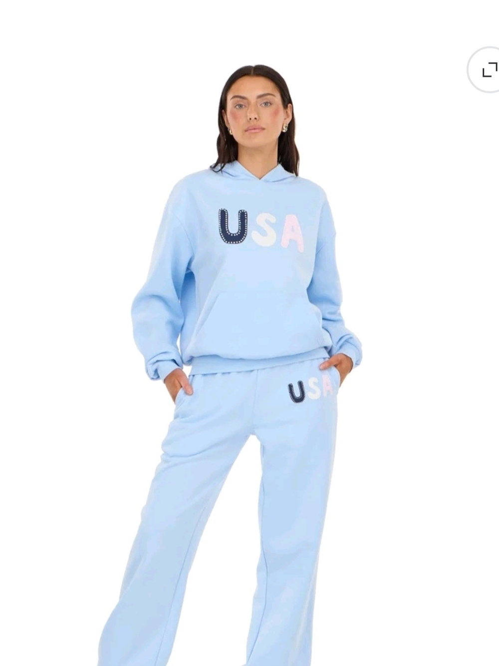 Forever 21 Light Blue Oversized USA Appliqué Hoodie & Joggers Set